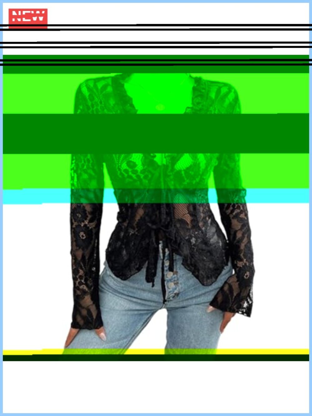 Women's Lace Mesh Crop Top Open Front Tie Long Sleeve See Through
